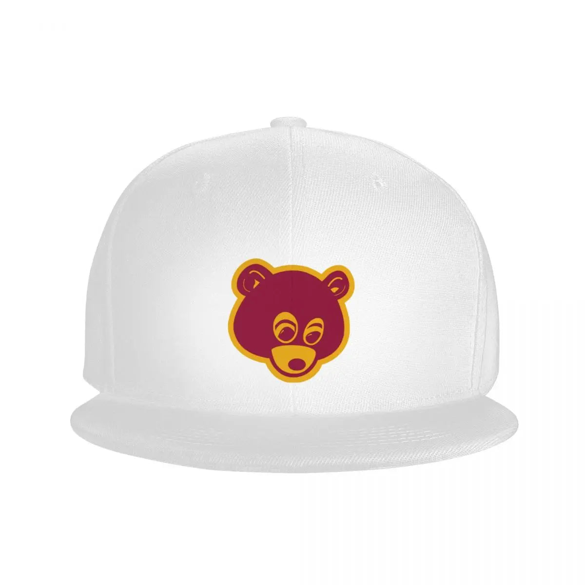 White 'College Dropout Kanye Snapback: Bear Mascot OSFA 9-Colorways' cap with maroon bear logo on a white background front logo hat view.