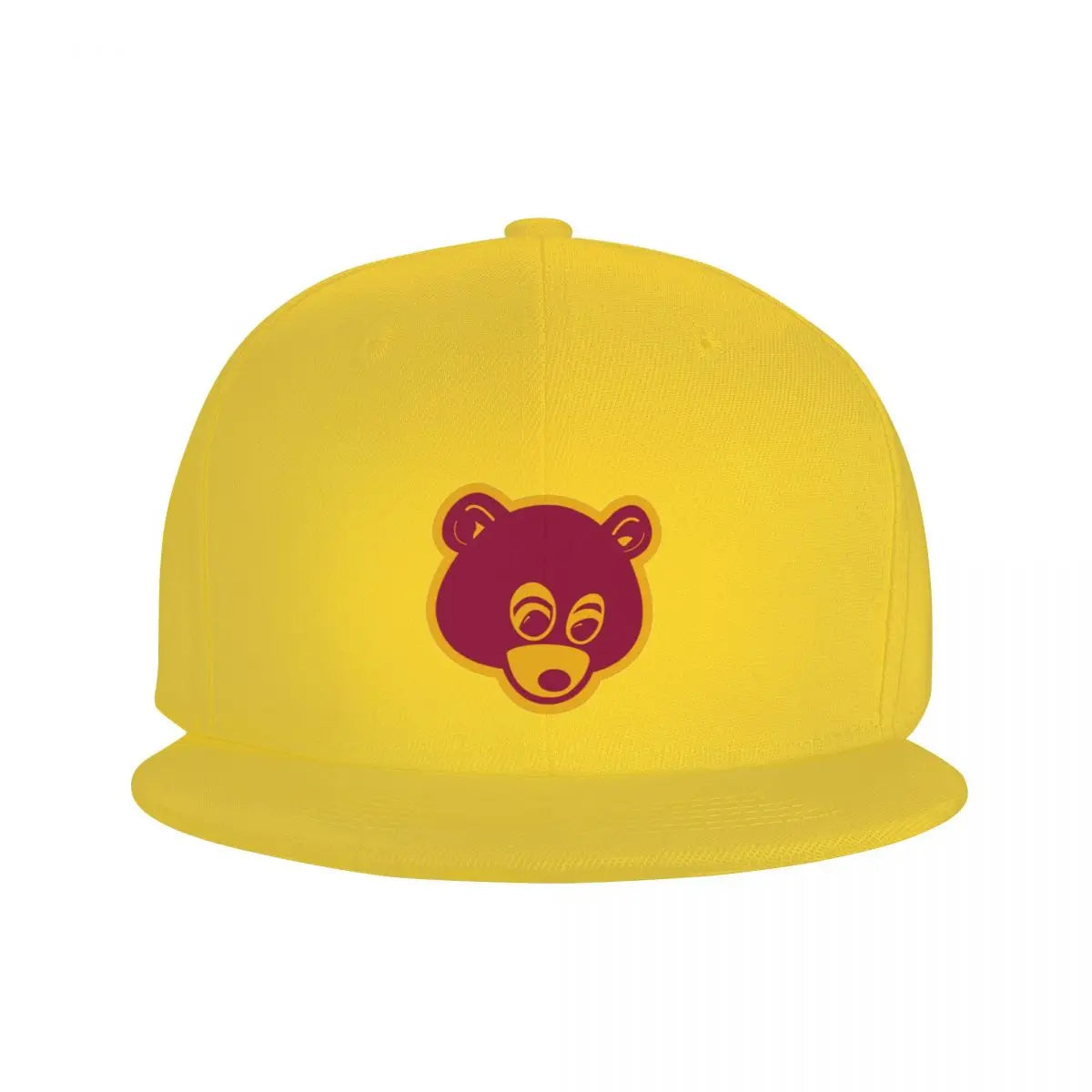 Yellow 'College Dropout Kanye Snapback: Bear Mascot OSFA 9-Colorways' cap with maroon bear logo on a white background front logo hat view.