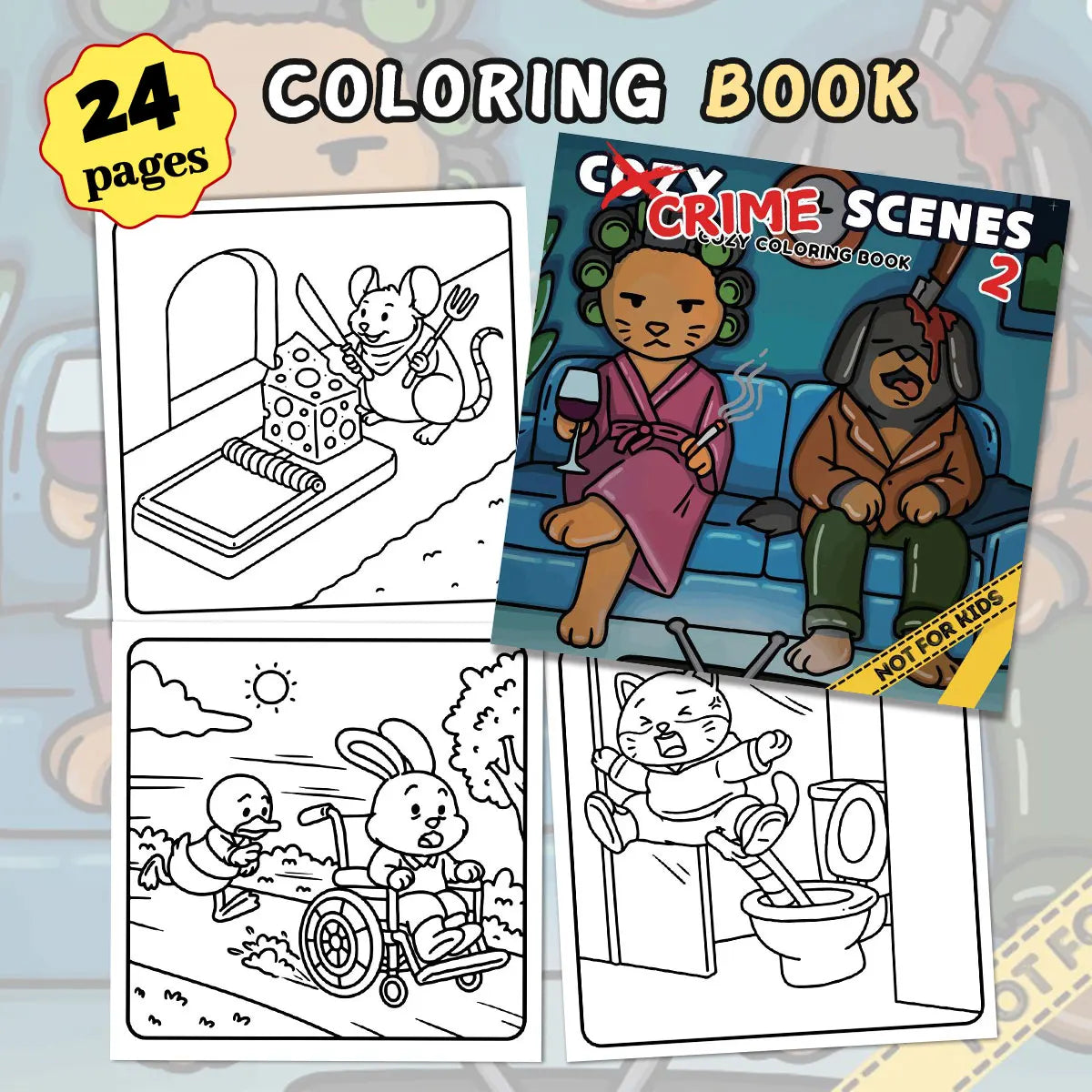 Cozy Crime Scenes coloring book with sample pages and promotional text.