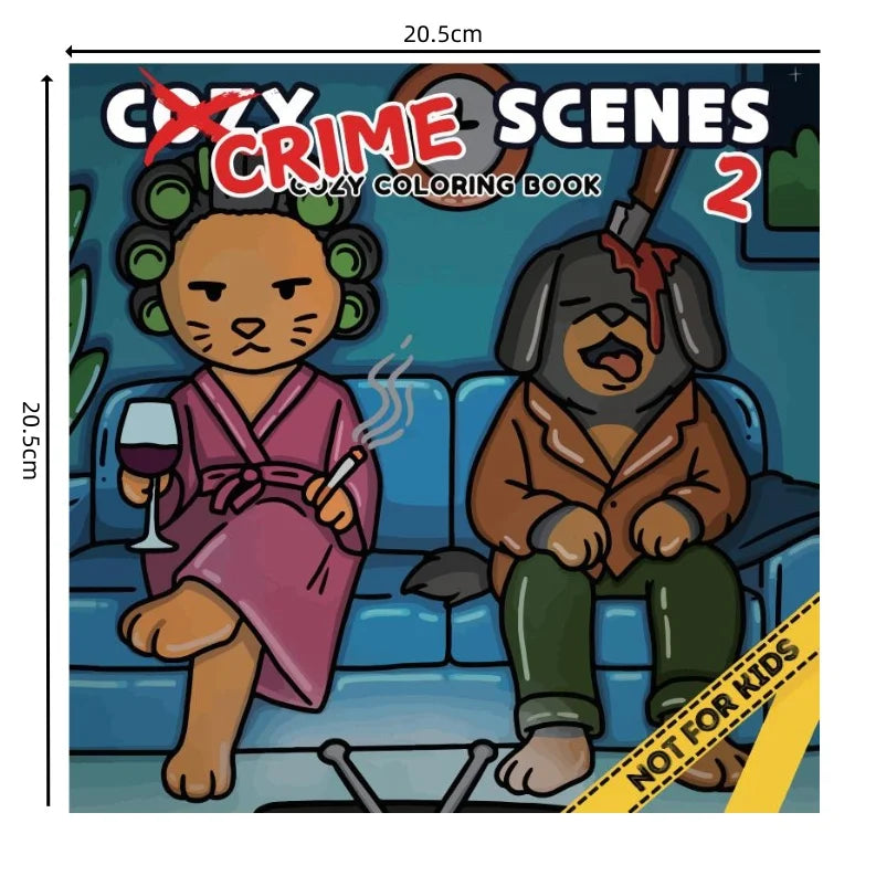 Cover of 'Crazy Crime Scenes' coloring book with two cartoon characters on a couch, dimensions indicated.