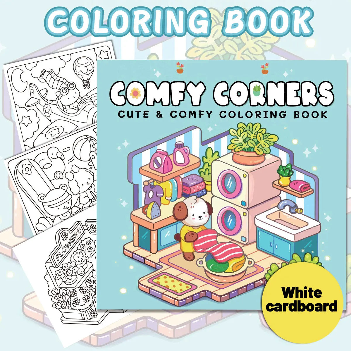 Coloring book titled 'Comfy Corners' with a cute illustration of a room and coloring pages on a light blue background.