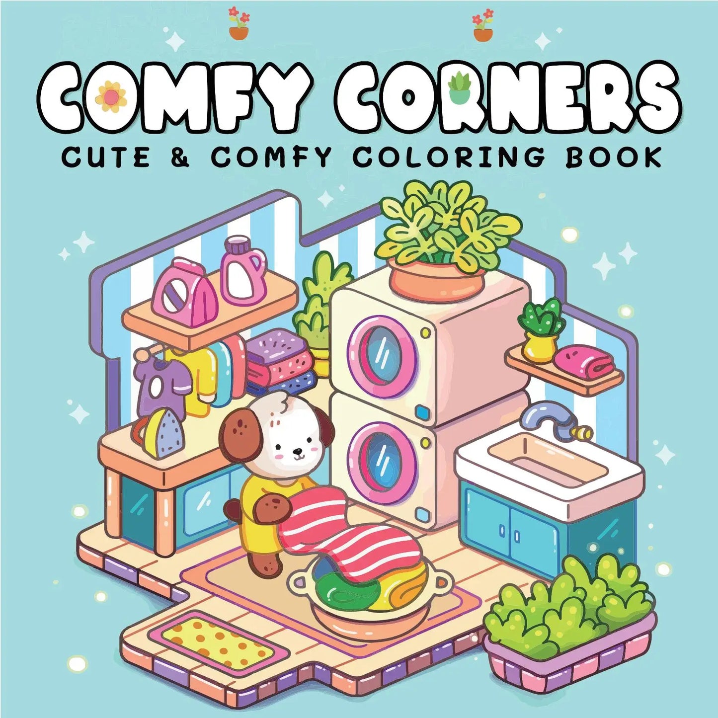 Cover of 'Comfy Corners' coloring book with a cute illustration of a room and a dog.