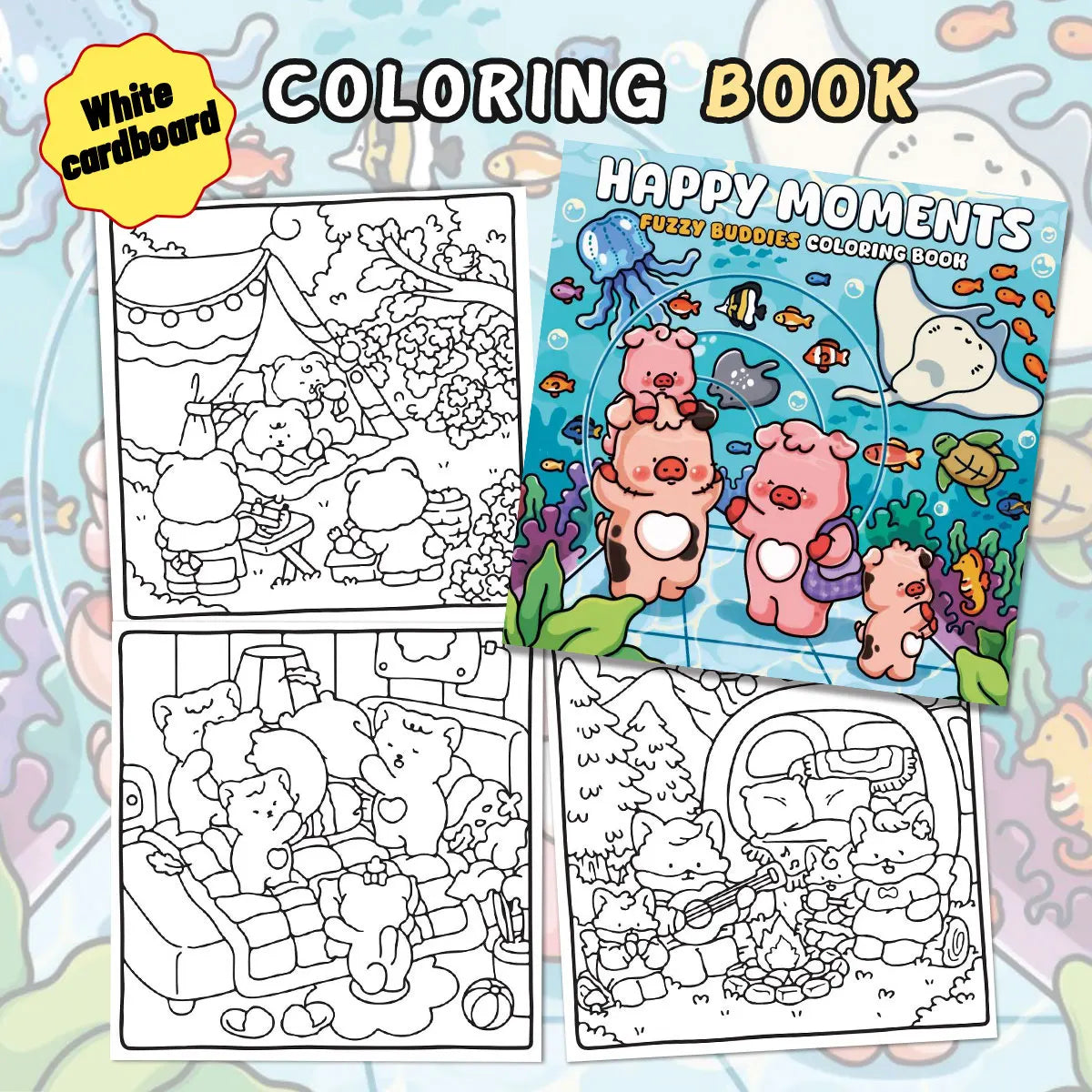 Coloring book with pages and cover featuring cartoon characters on a pastel background.