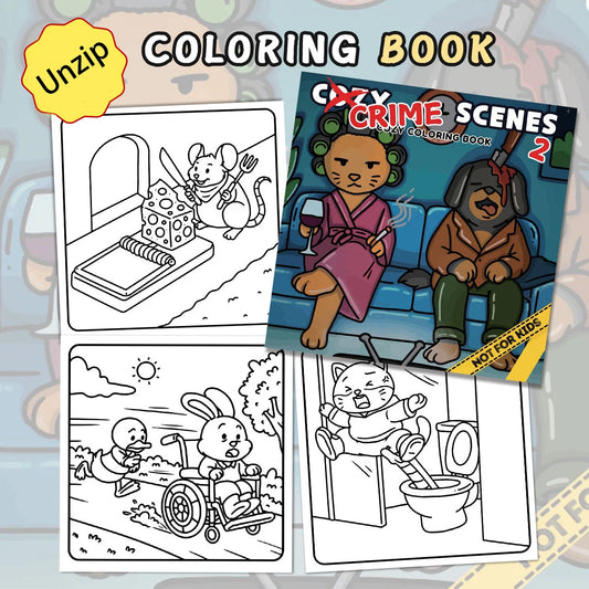 Coloring book with cartoon characters and scenes, including a mouse, a cat, and a rabbit.