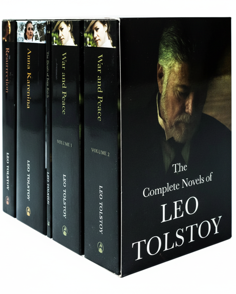 Collection of Leo Tolstoy books with a prominent cover featuring the author's face.