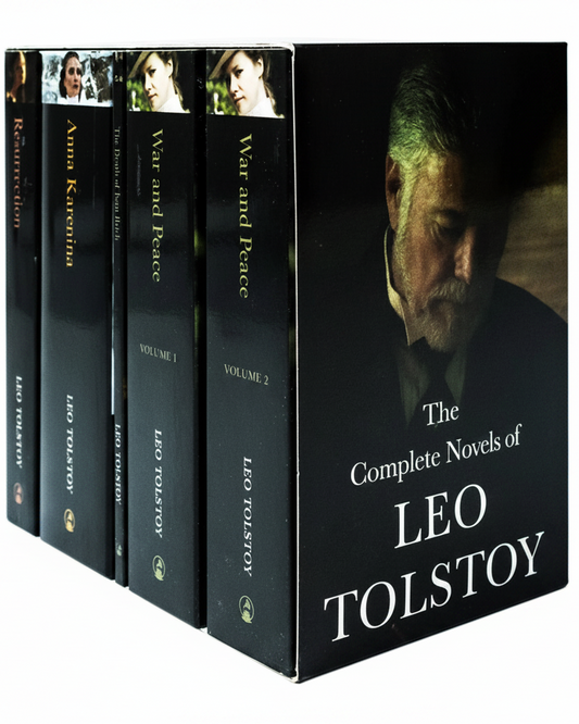 Collection of Leo Tolstoy books with a prominent cover featuring the author's face.