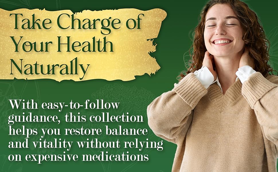 Woman with closed eyes against a green background with text about taking charge of health naturally.