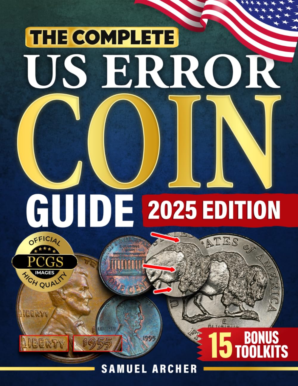 Book cover of 'The Complete US Error Coin Guide 2025 Edition' with coins and American flag.