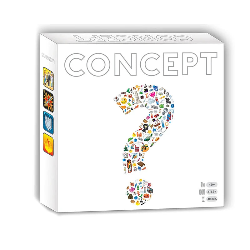 Board game box titled 'Concept' with colorful icons on a white background