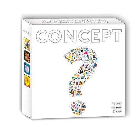 Board game box titled 'Concept' with colorful icons on a white background