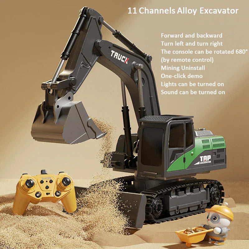 Toy excavator with remote control and accessories on a sandy background