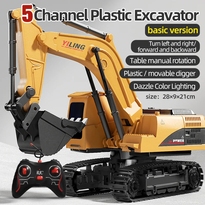 Toy excavator with remote control on a gray background