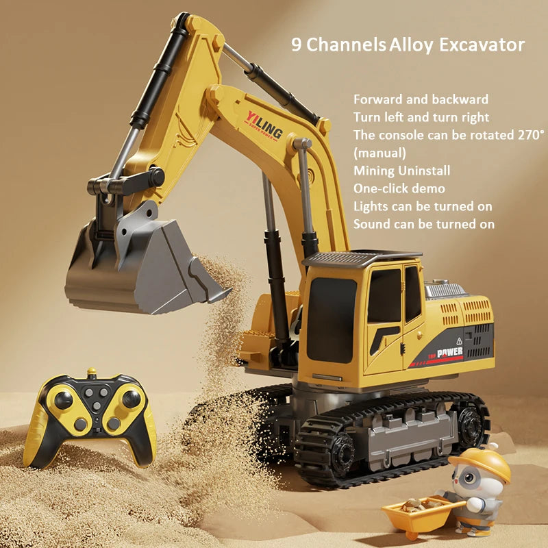Toy excavator with remote control on a sandy background