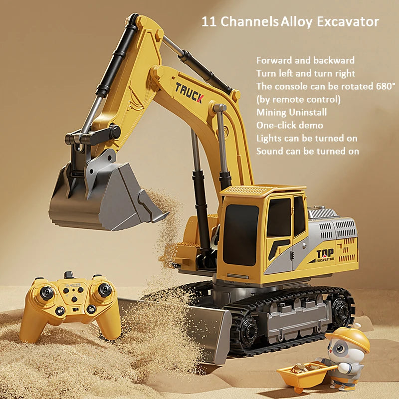 Toy excavator with remote control on a sandy background
