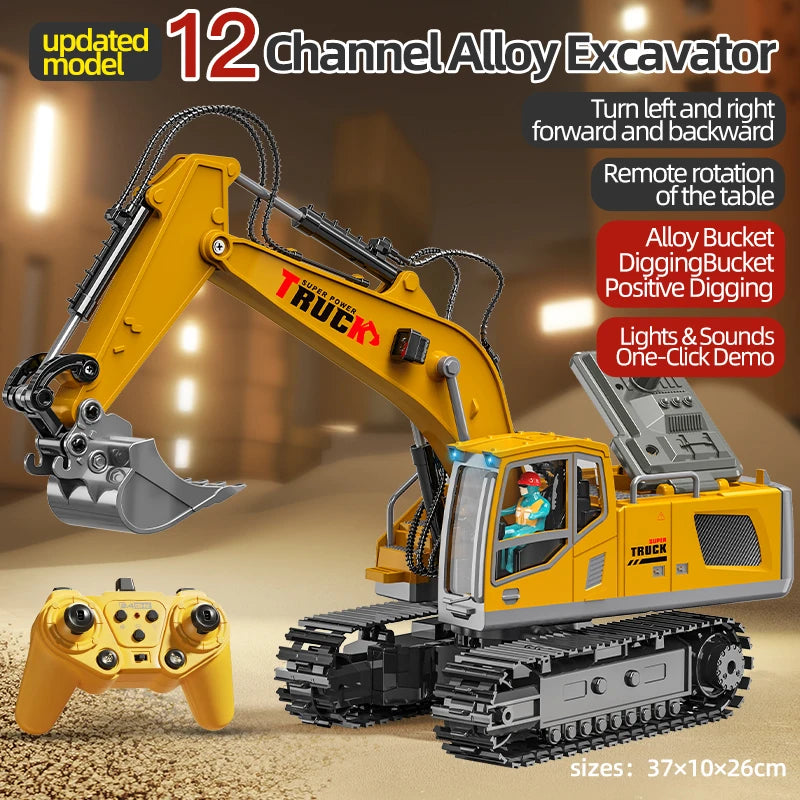 Toy excavator with remote control on a sandy background