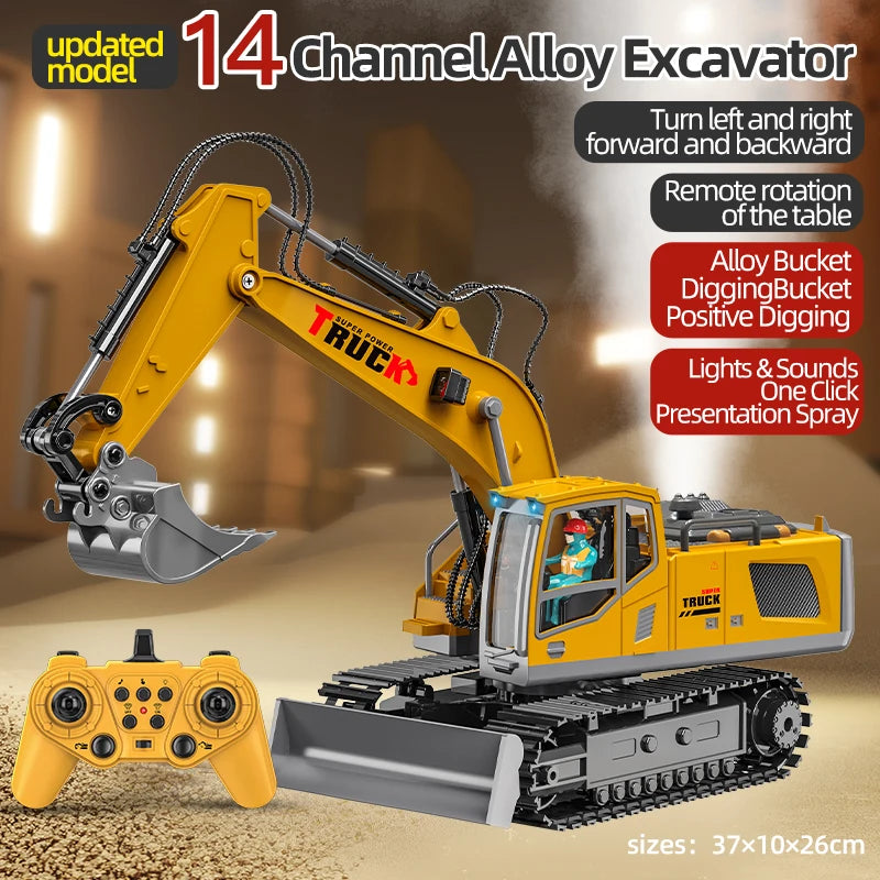 Toy excavator with remote control on a blurred construction site background