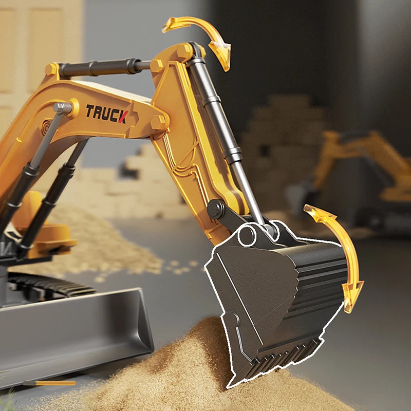 Close-up of a toy excavator with a blurred construction site background