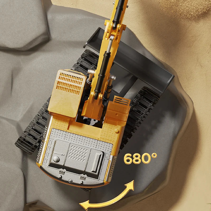 Model of a bulldozer with a focus on its articulation mechanism on a textured surface.