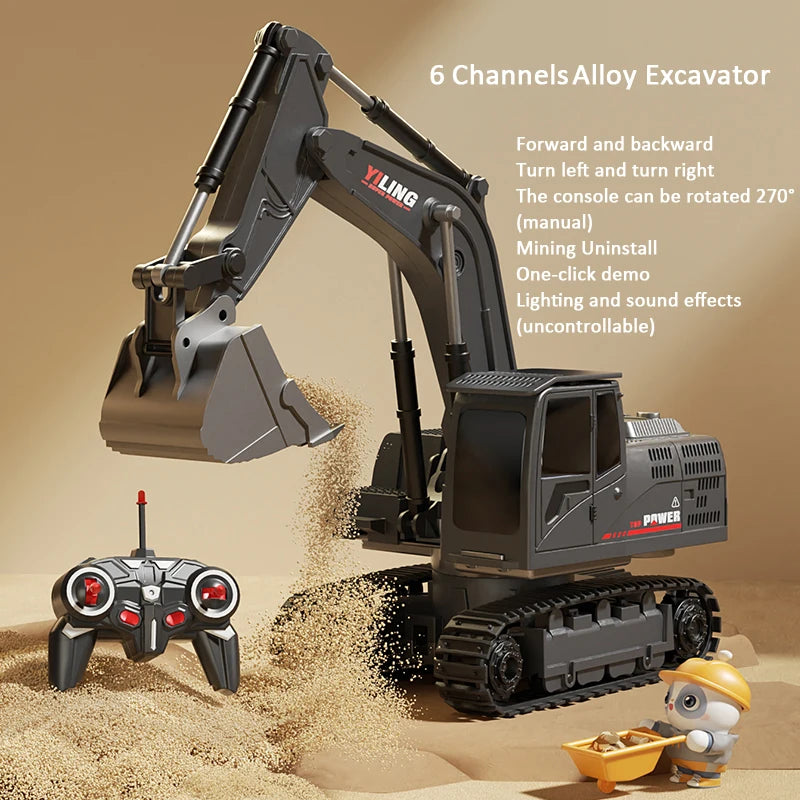 Toy excavator with remote control on a sandy background