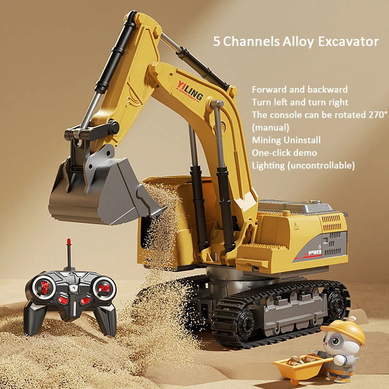 Toy excavator with remote control on a sandy background