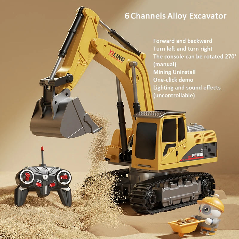 Toy excavator with remote control on a sandy background
