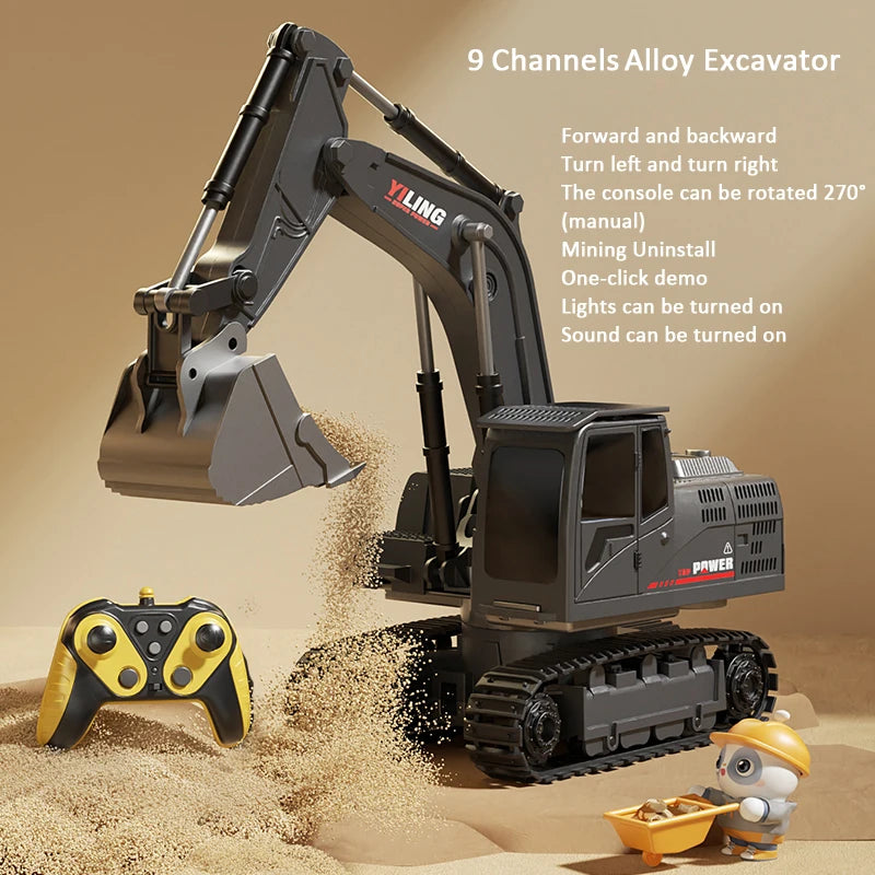 Toy excavator with remote control on a sandy background