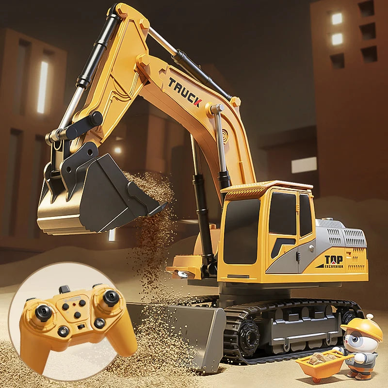 Toy excavator with remote control on a construction site background