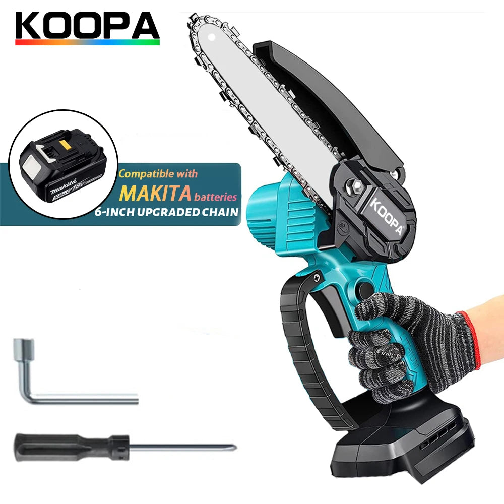 Koopa cordless chainsaw with Makita battery compatibility on a white background