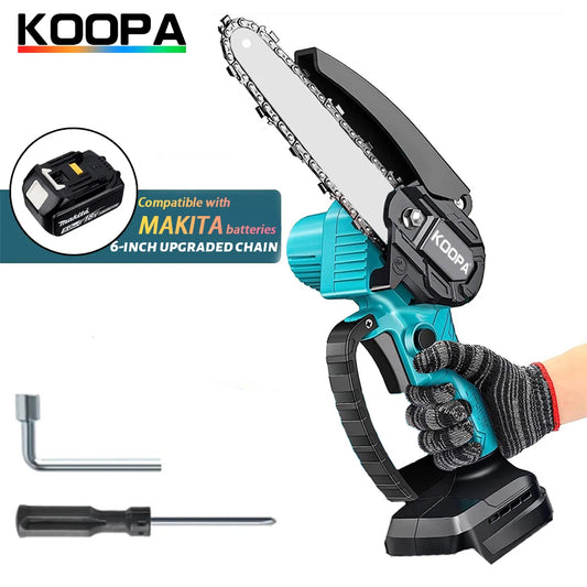 Koopa cordless chainsaw with Makita battery compatibility on a white background
