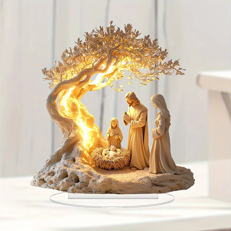 Decorative nativity scene with a tree and figures on a white background
