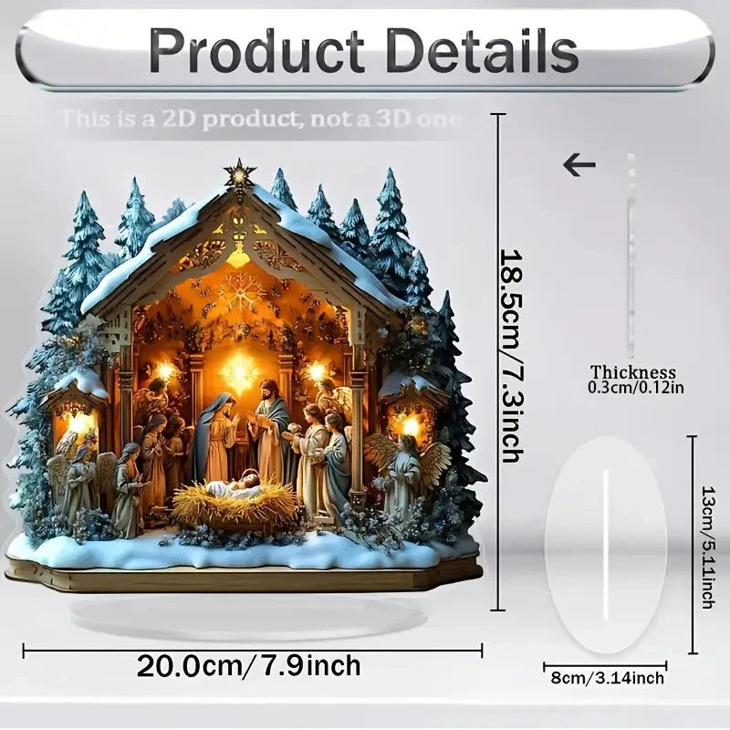 Decorative nativity scene with measurement details on a white background