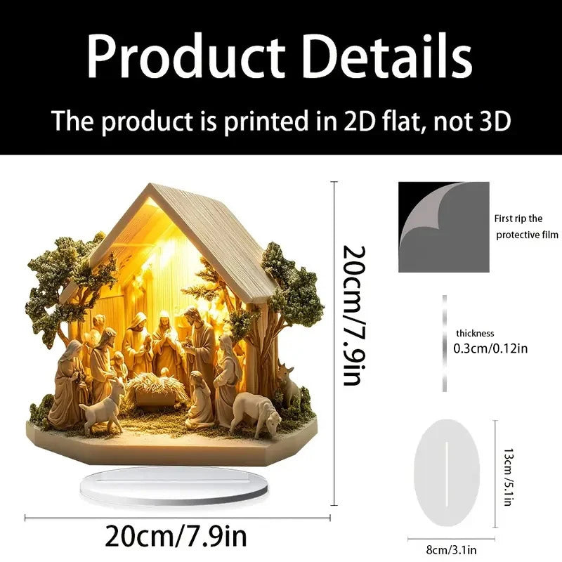 Wooden nativity scene with measurements and product details on a white background