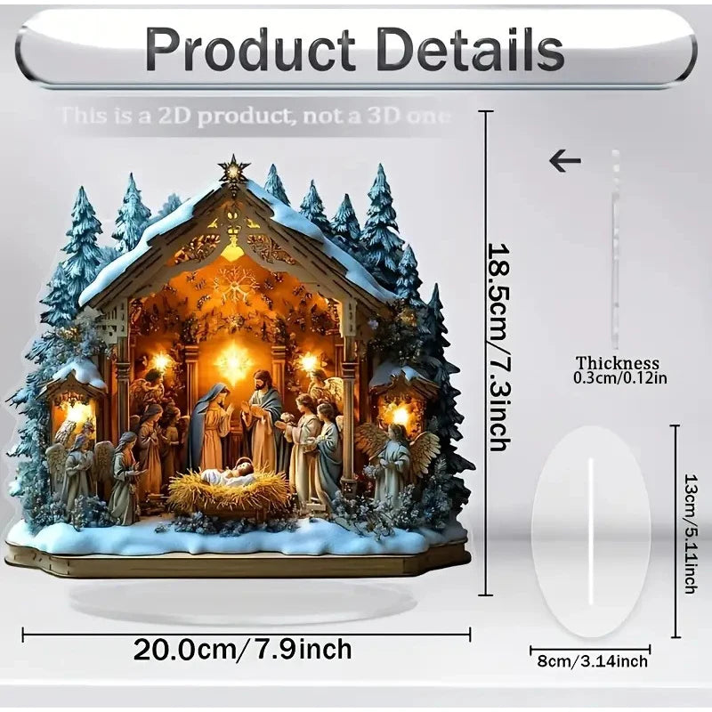 Decorative nativity scene with measurements on a white background