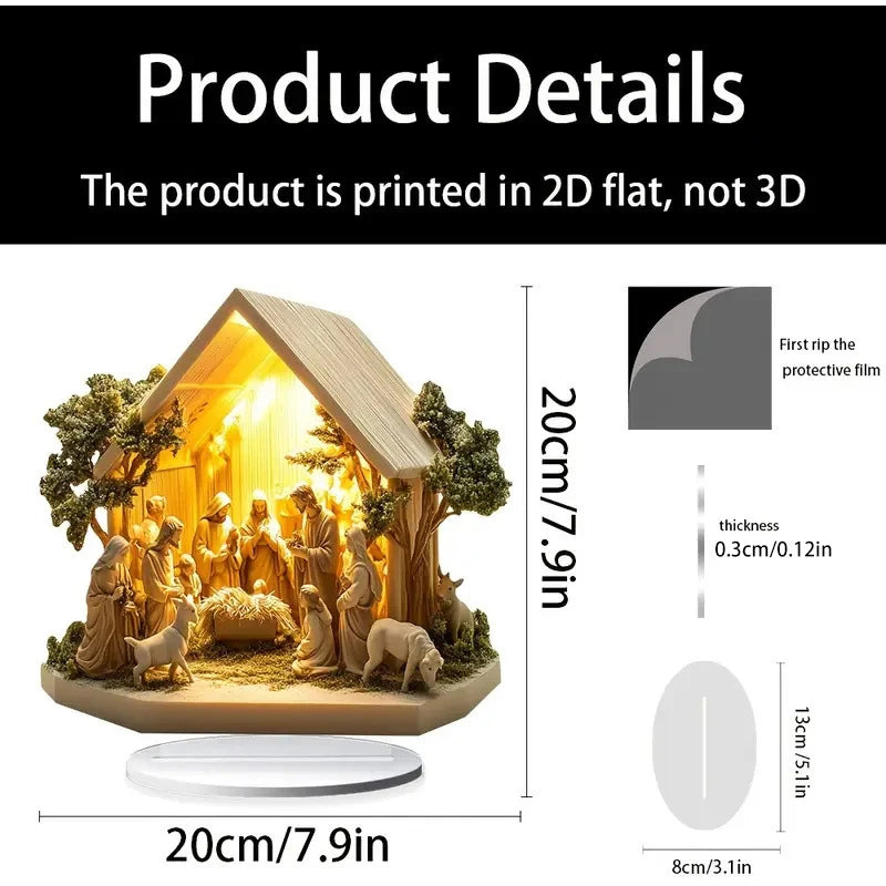 Nativity scene model with dimensions and product details on a white background