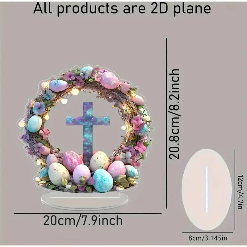Decorative wreath with cross, eggs, and flowers on a stand with measurements indicated.