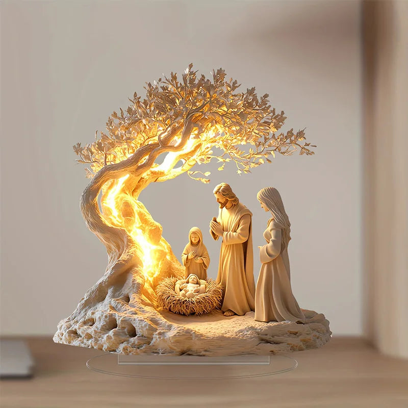 Decorative nativity scene with a tree-like design on a neutral background
