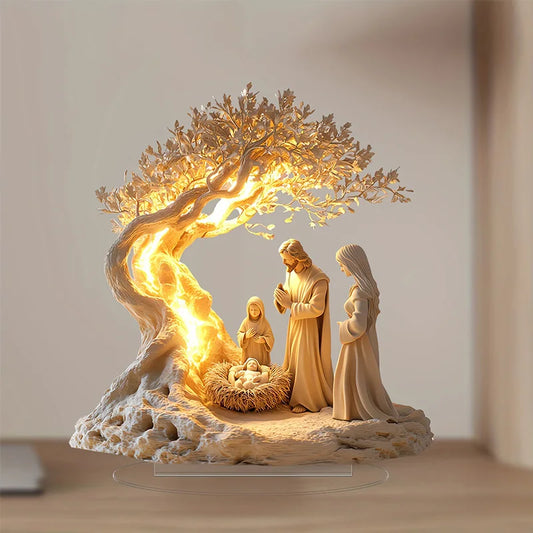 Decorative nativity scene with a tree-like design on a neutral background