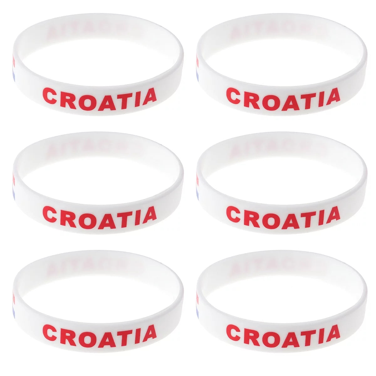 A six-pack of white silicone bracelets with the word 'CROATIA' printed in red lettering.