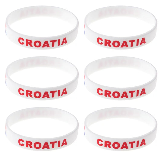 A six-pack of white silicone bracelets with the word 'CROATIA' printed in red lettering.