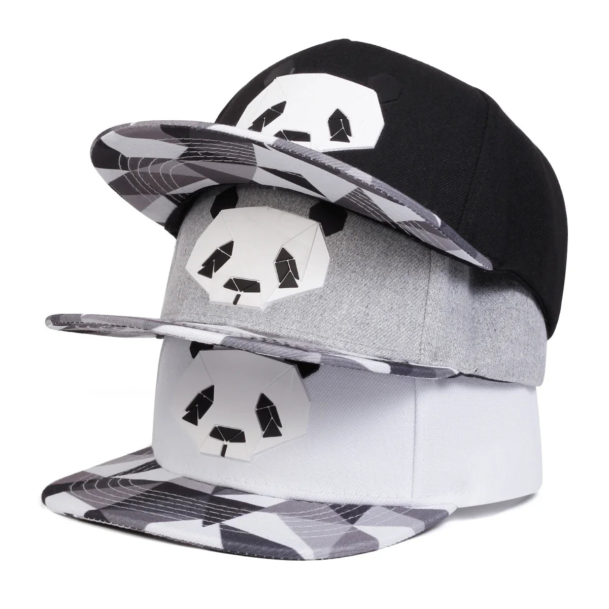 Grey, Black & White options of the "Crypto Panda Snow Camo Snapback | Unisex OSFA" all with snow camo flat bills, solid color bowls, the snap crypto panda logo in front and standard snap at Bust-Down. 