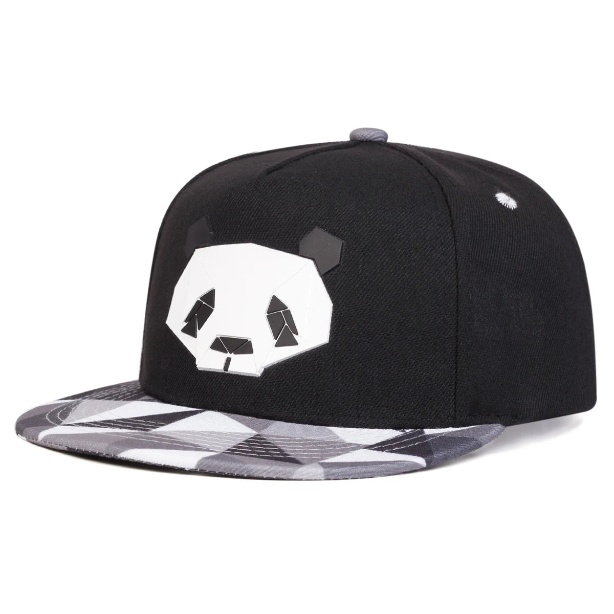 Black crypto panda design cap with snow camo visor/brim on a white background at angle.