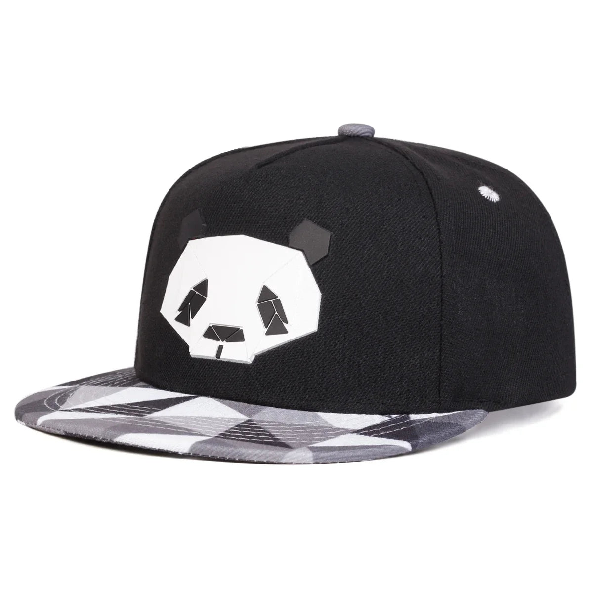 Black 'panda crypto panda' snapback cap design cap with snow camo visor/brim on a white background angled.