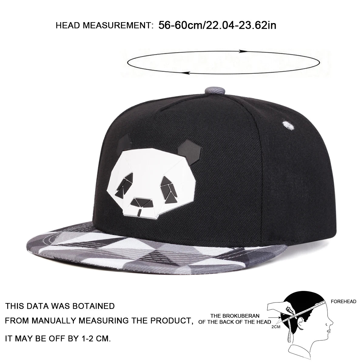 Black 'panda crypto panda' snapback cap design cap with snow camo visor/brim on a white background at angle with data, measurements and text description of hat.