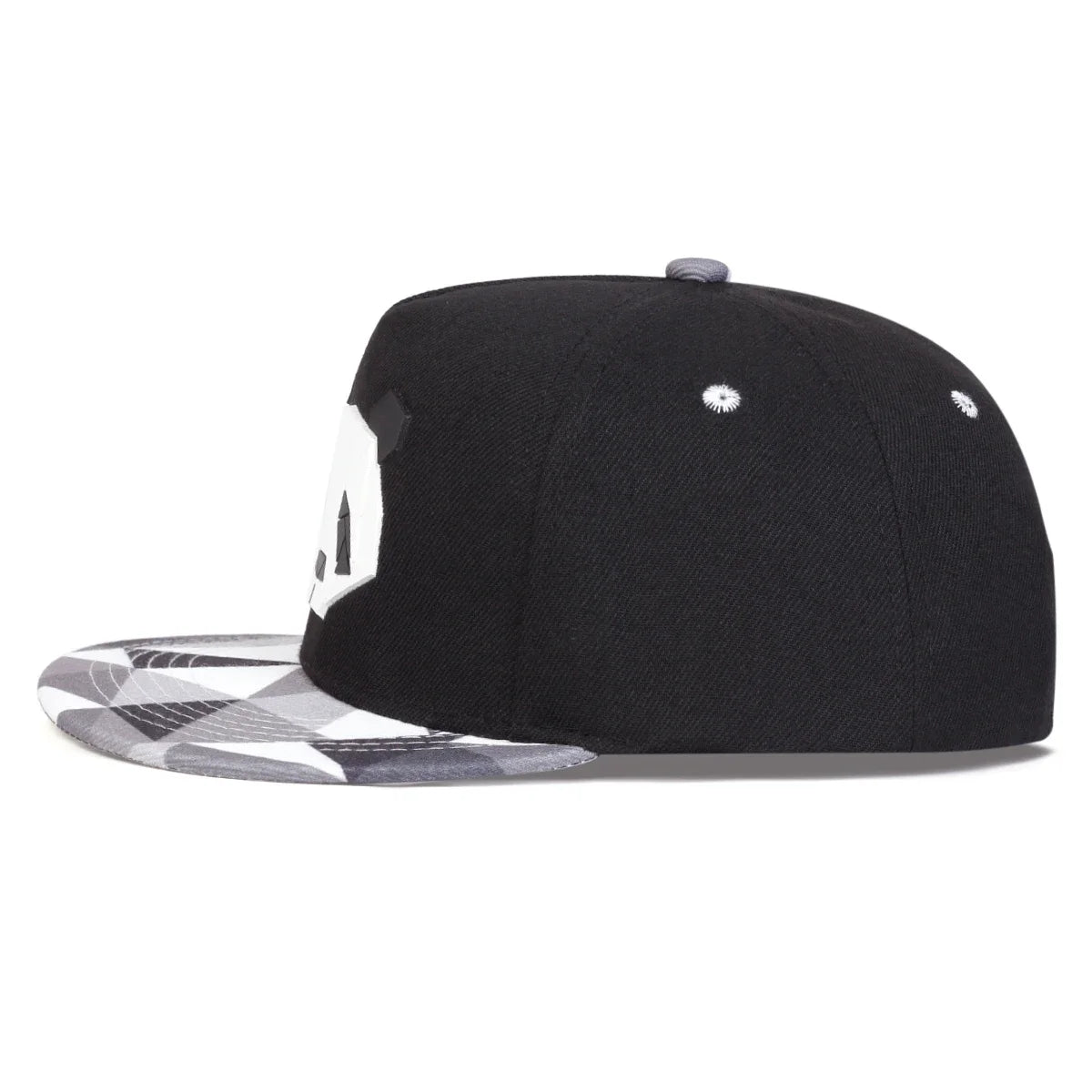 Black cap with snow camo visor on a white background.