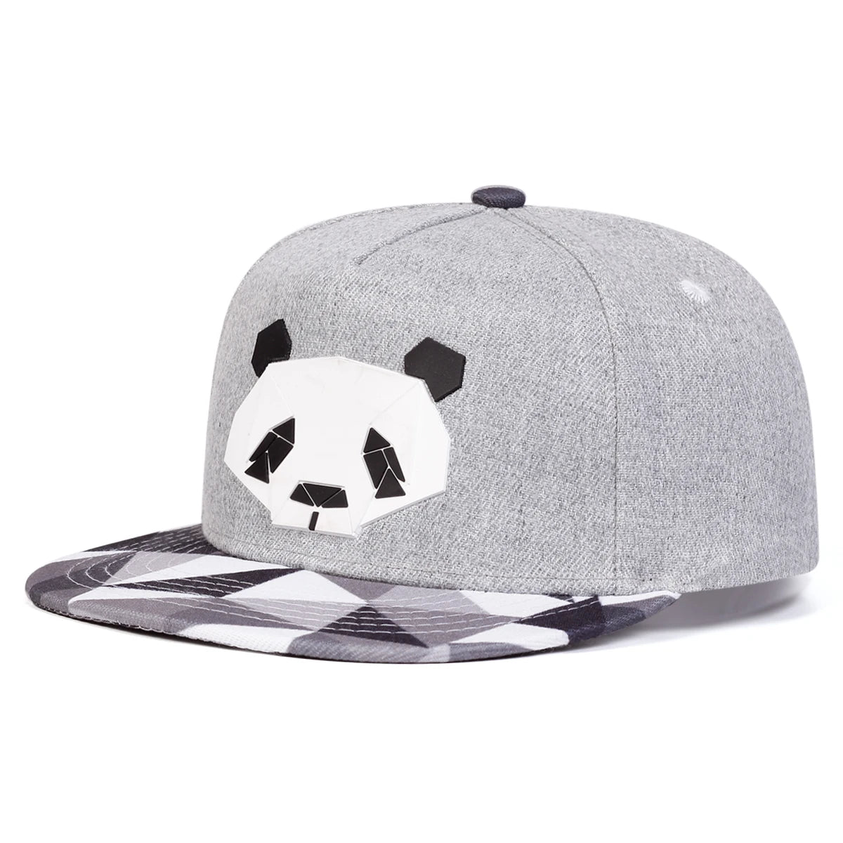 Grey crypto panda design cap with snow camo visor/brim on a white background at angle.