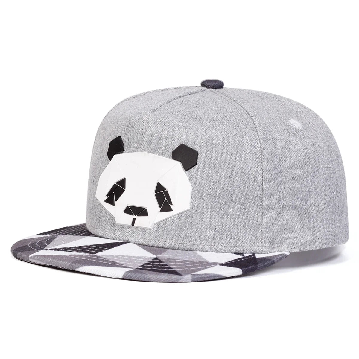 Grey 'panda crypto panda' snapback cap design cap with snow camo visor/brim on a white background angled.