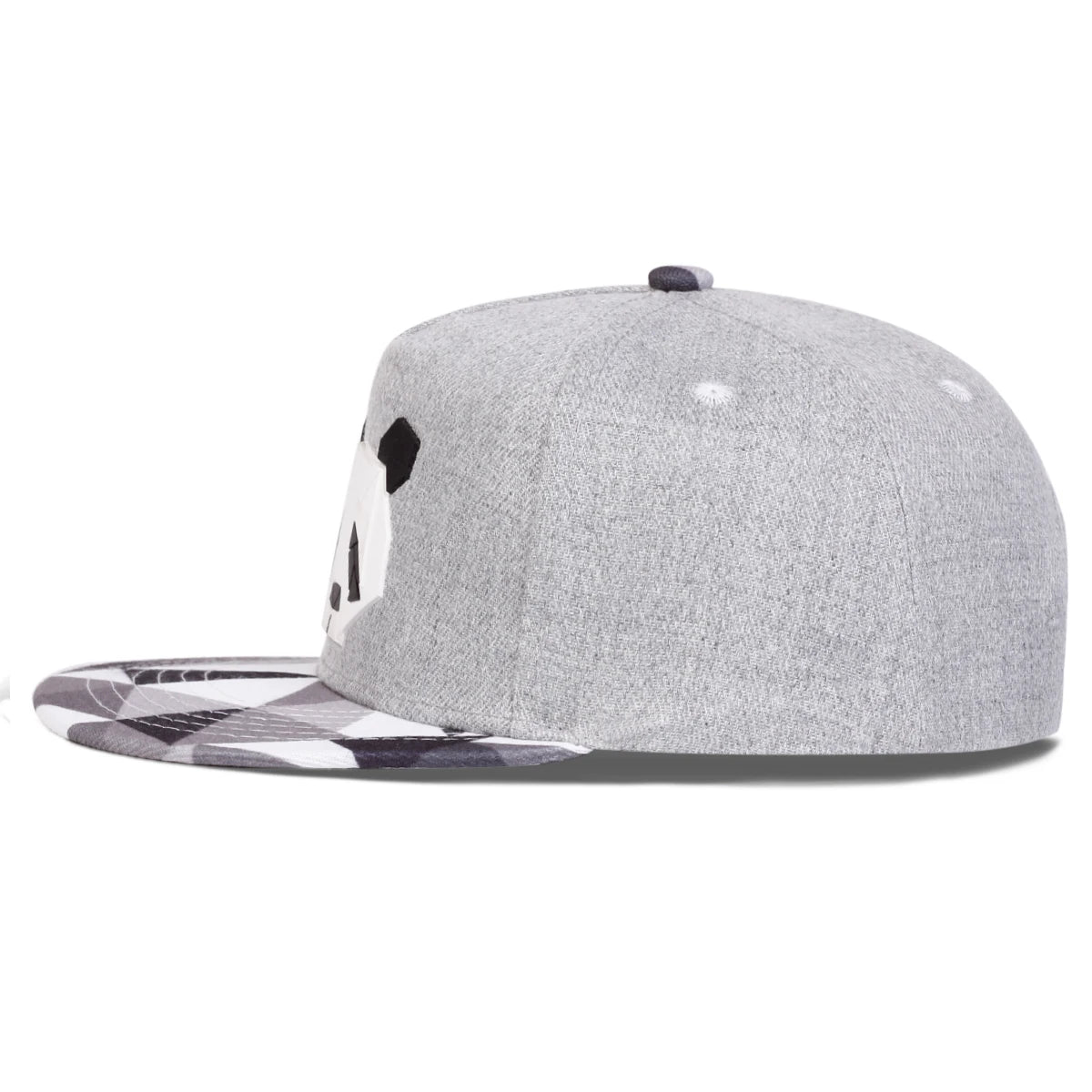 Grey crypto panda snapback cap with snow camo visor on a white background.