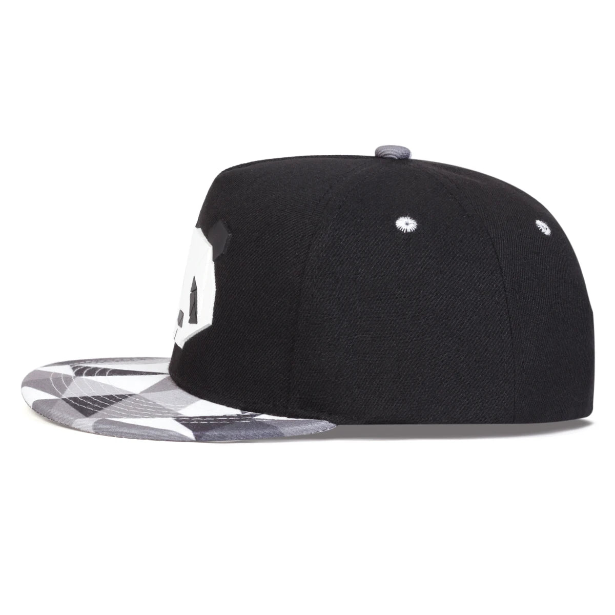 Black crypto panda snapback cap with snow camo visor on a white background.
