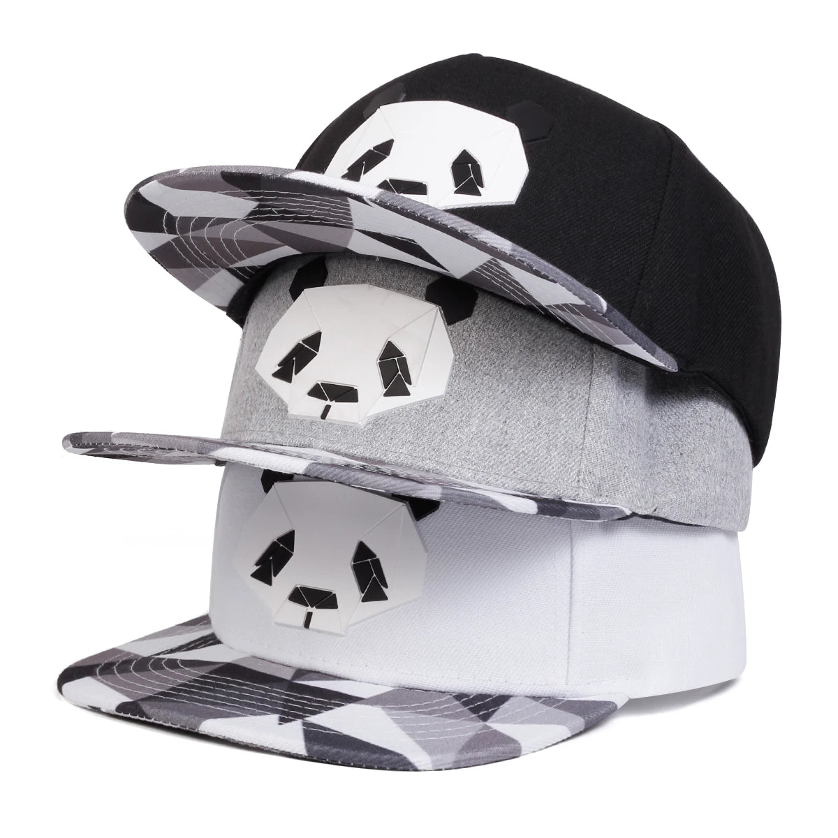 Grey, Black & White options of the "Crypto Panda Snow Camo Snapback | Unisex OSFA" all with snow camo flat bills, solid color bowls, the snap crypto panda logo in front and standard snap at Bust-Down. 
