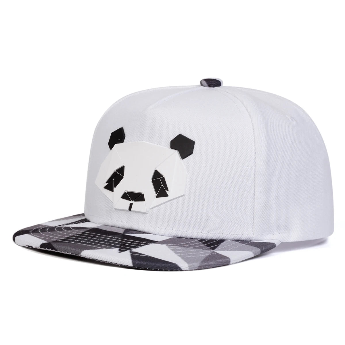 White 'panda crypto panda' snapback cap design cap with snow camo visor/brim on a white background at angle.